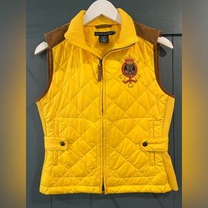 Ralph Lauren Sport Vest Womens Medium Yellow Quilted Puffer Suede Equestrian